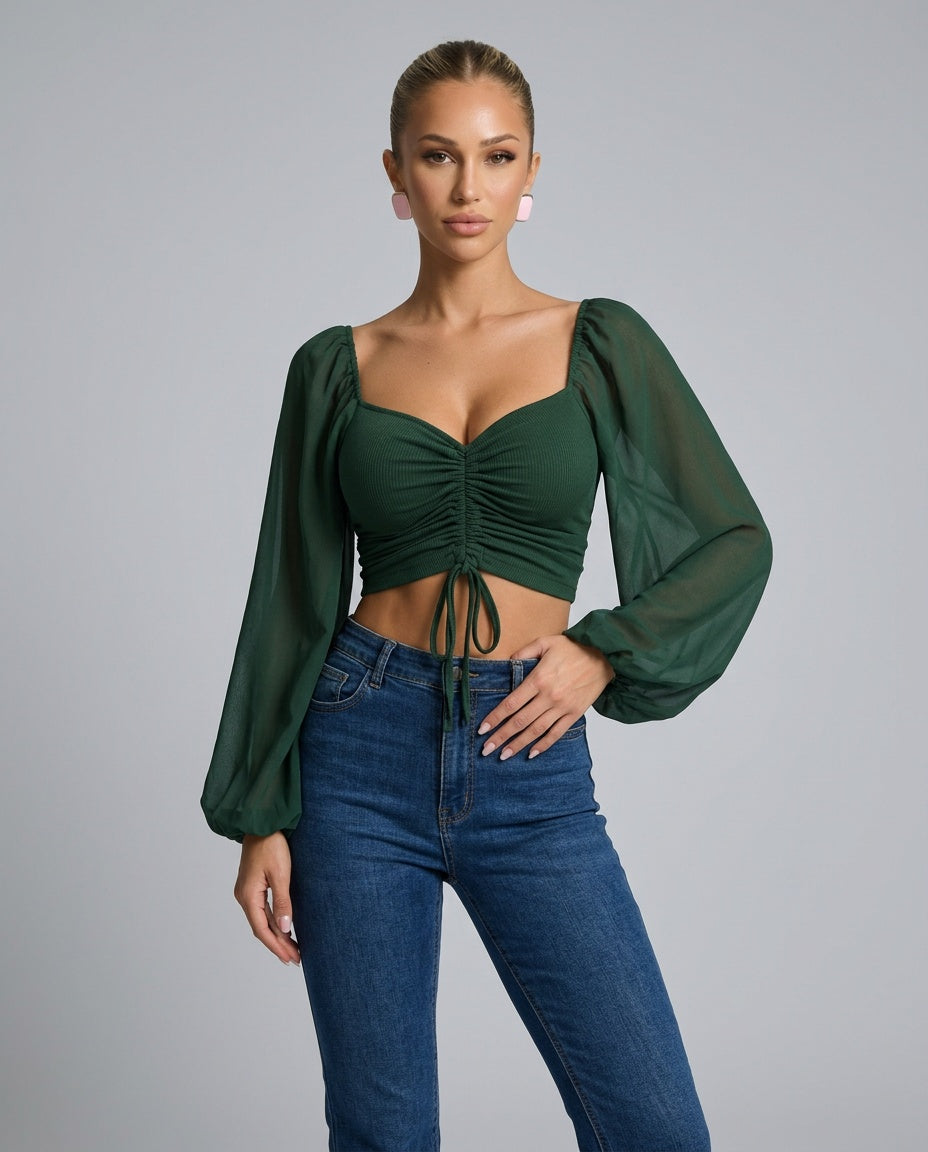 Lily Bloom Ruched Puff Sleeve Cropped Top - Dark Green