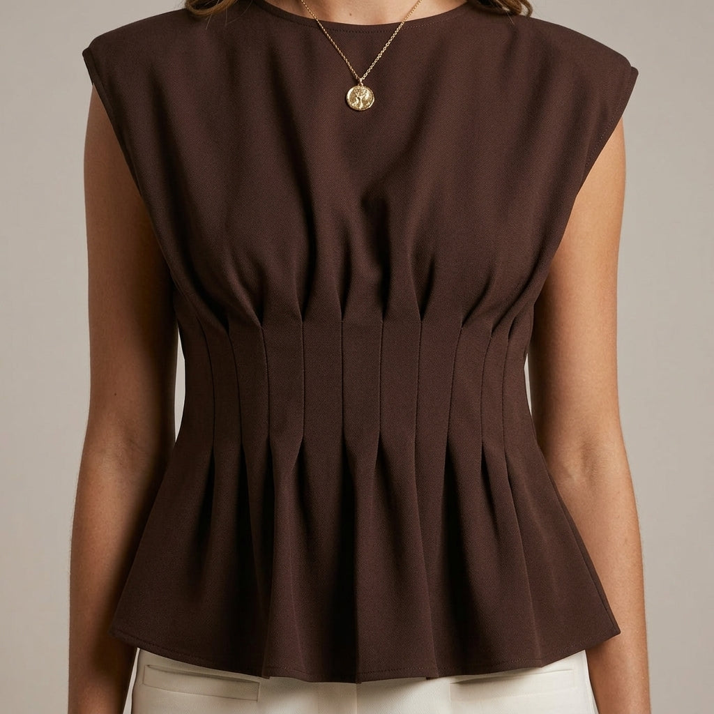 Sophie Charm Pleated Waist Peplum Top - Chocolate