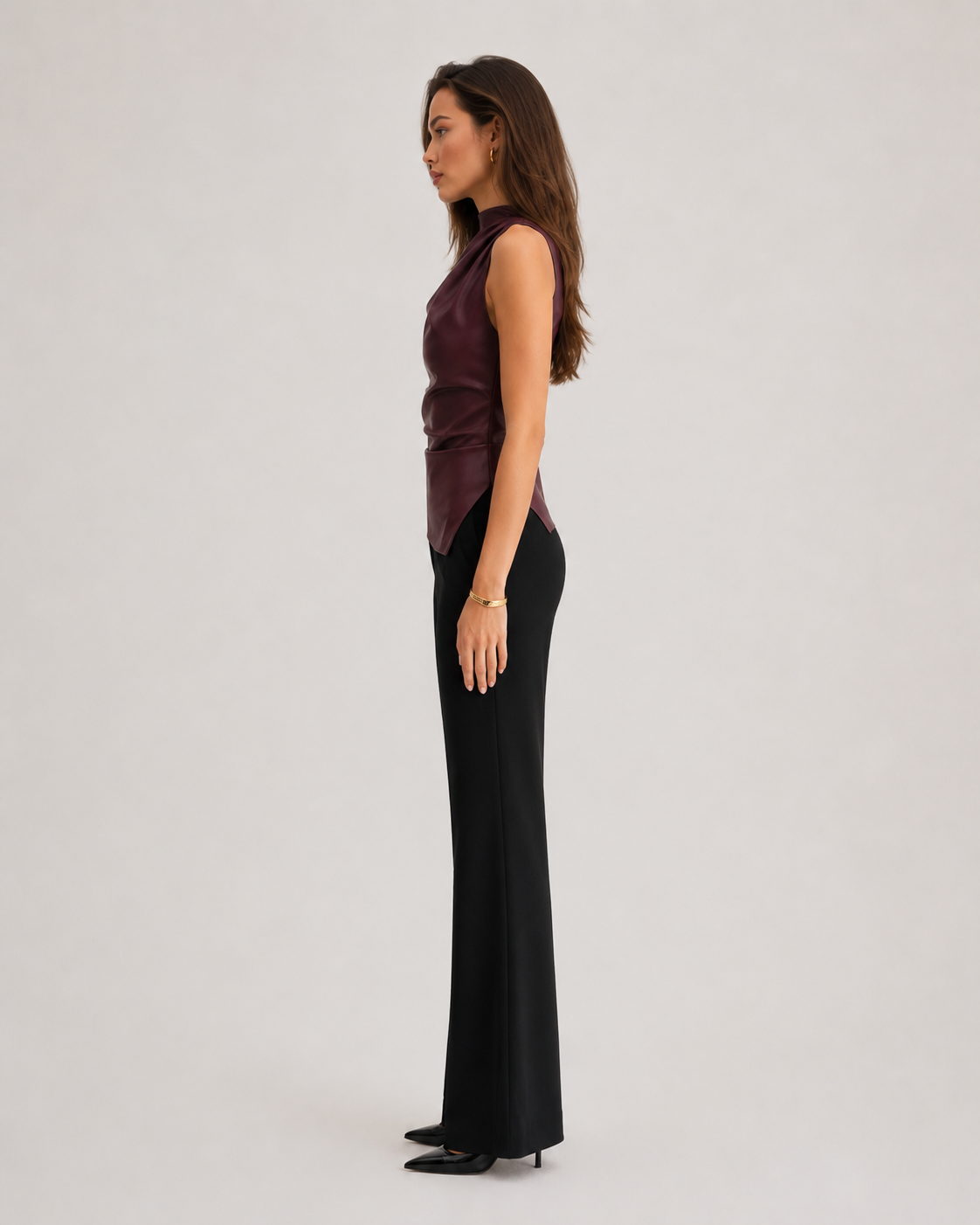Scarlett Edge Draped Faux Leather Top - Burgundy