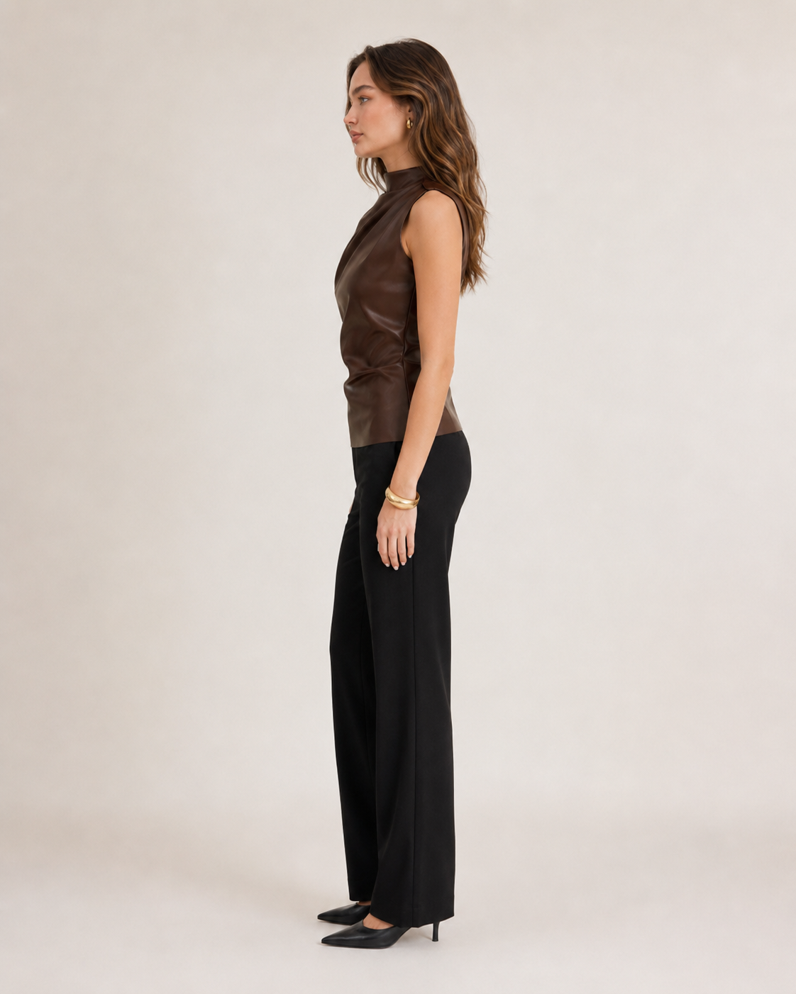 Scarlett Edge Draped Faux Leather Top - Dark Brown