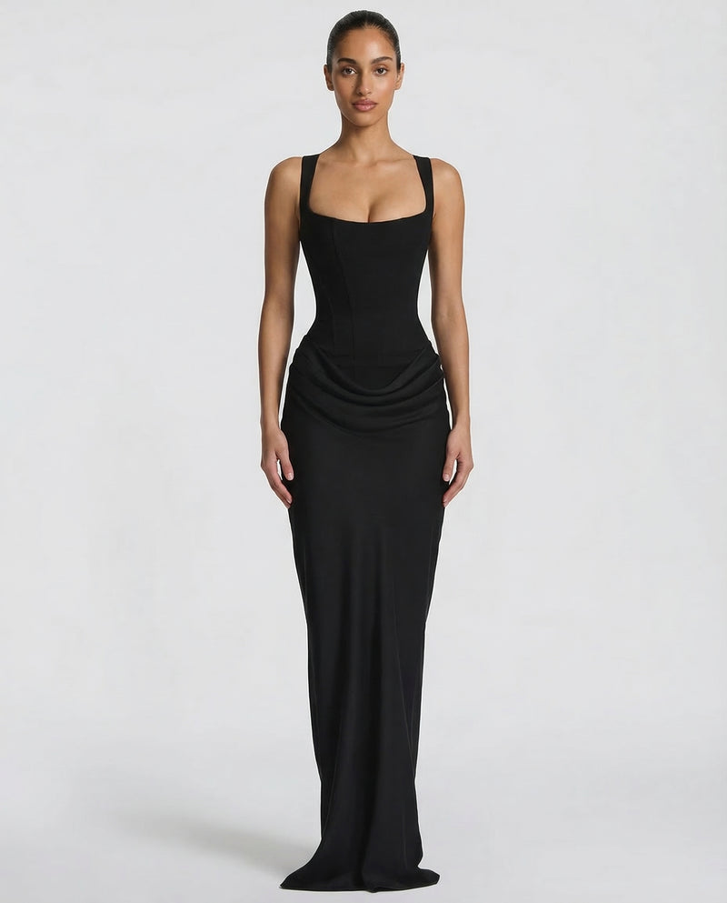 Celeste Draped Corset Maxi Formal Dress Lace-Up Back - Black