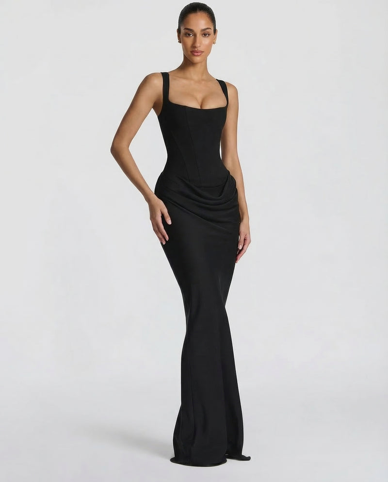 Celeste Draped Corset Maxi Formal Dress Lace-Up Back - Black