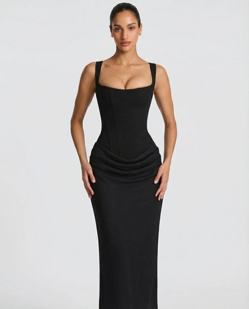 Celeste Draped Corset Maxi Formal Dress Lace-Up Back - Black