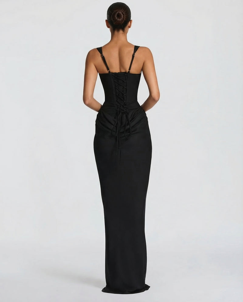Celeste Draped Corset Maxi Formal Dress Lace-Up Back - Black