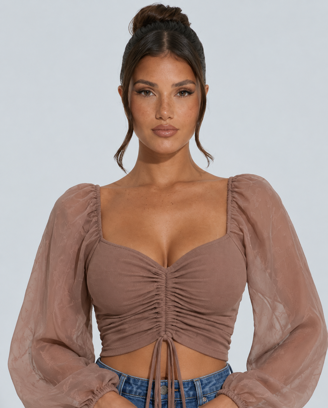 Lily Bloom Ruched Puff Sleeve Cropped Top - Coffee
