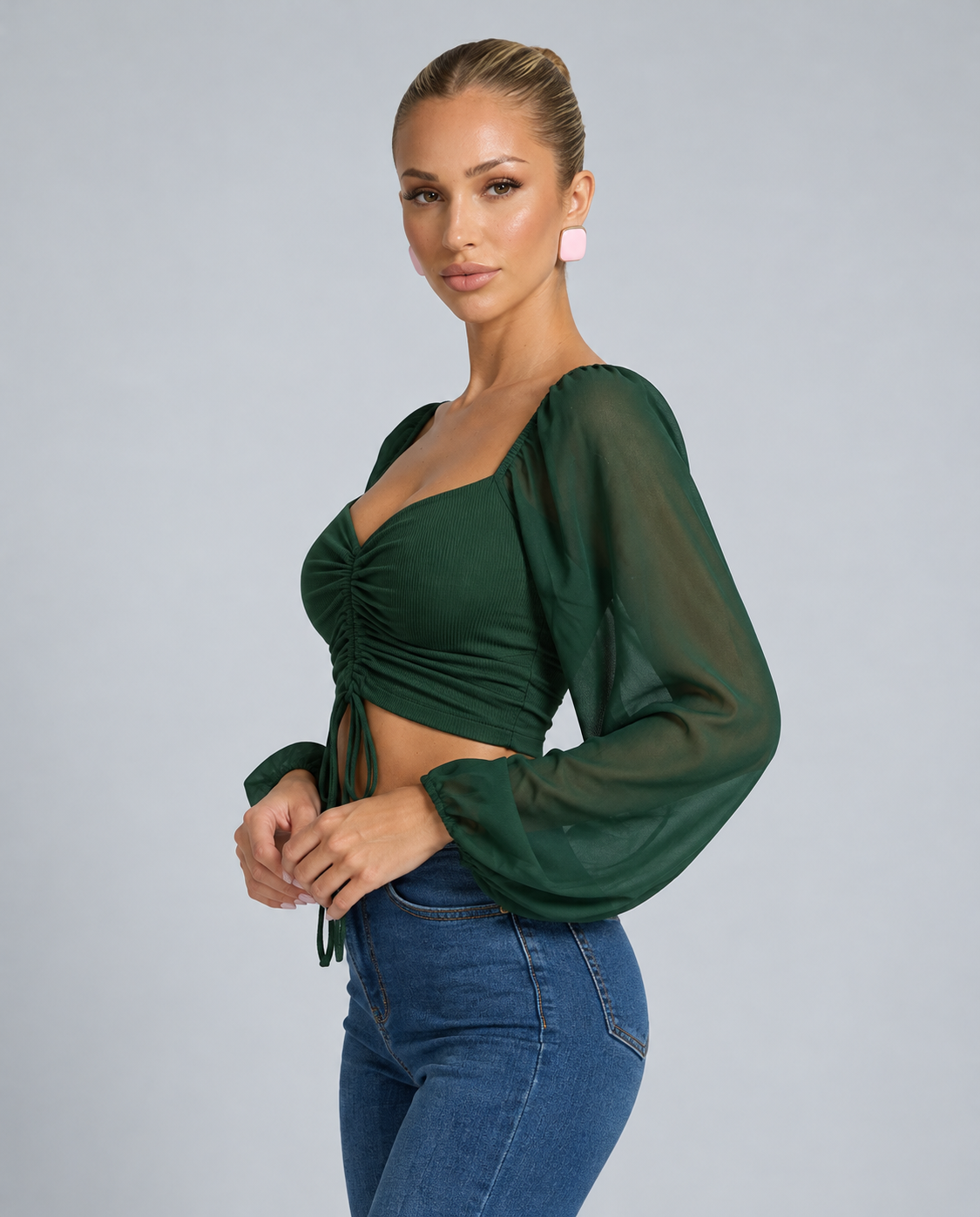 Lily Bloom Ruched Puff Sleeve Cropped Top - Dark Green