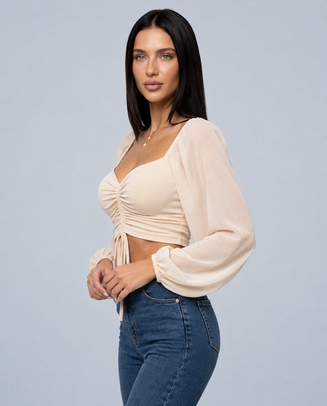 Lily Bloom Ruched Puff Sleeve Cropped Top - Cream