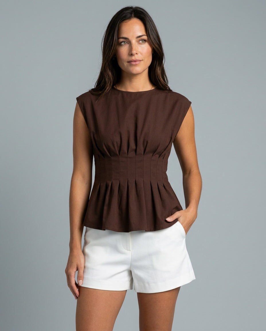 Sophie Charm Pleated Waist Peplum Top - Chocolate