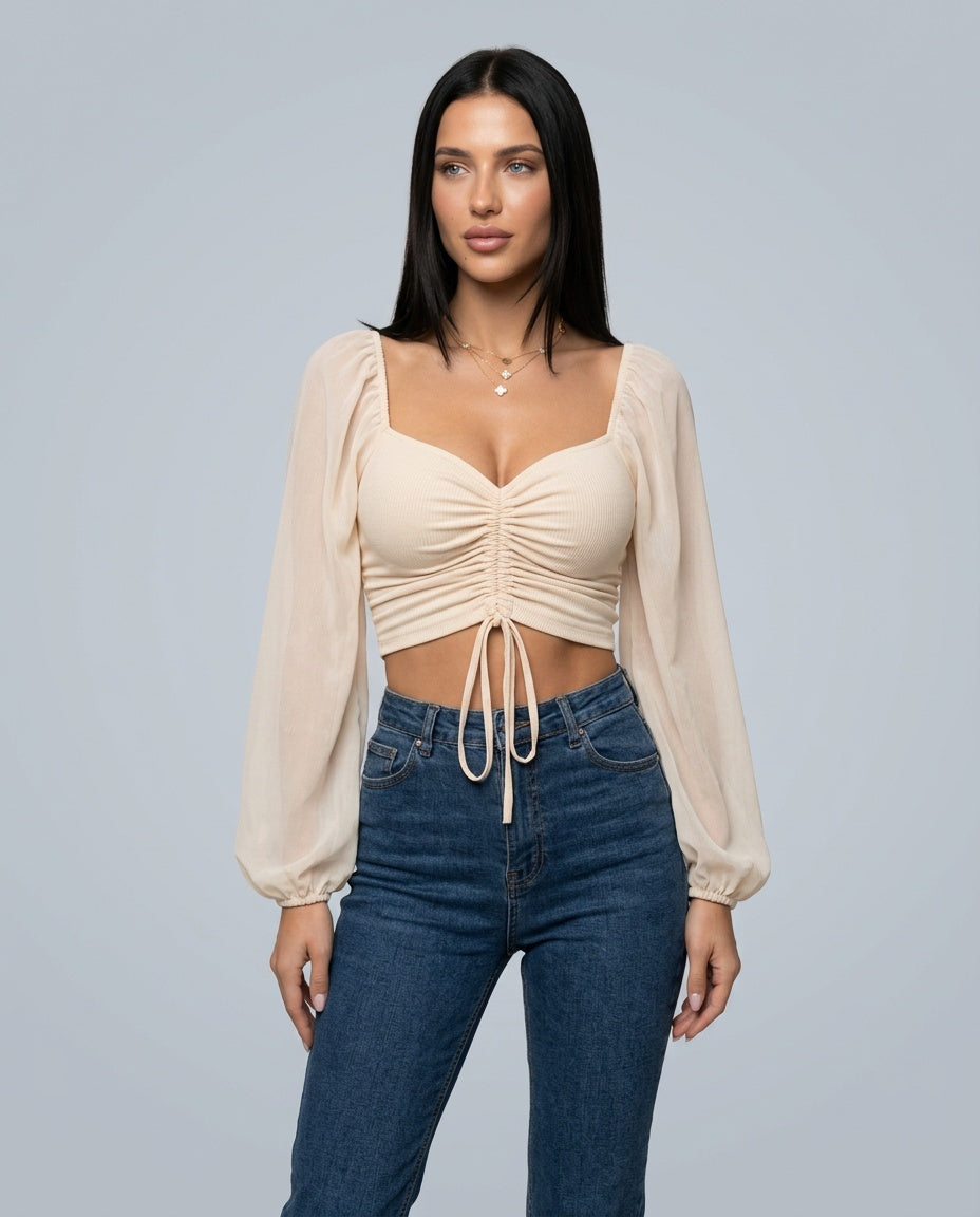 Lily Bloom Ruched Puff Sleeve Cropped Top - Cream