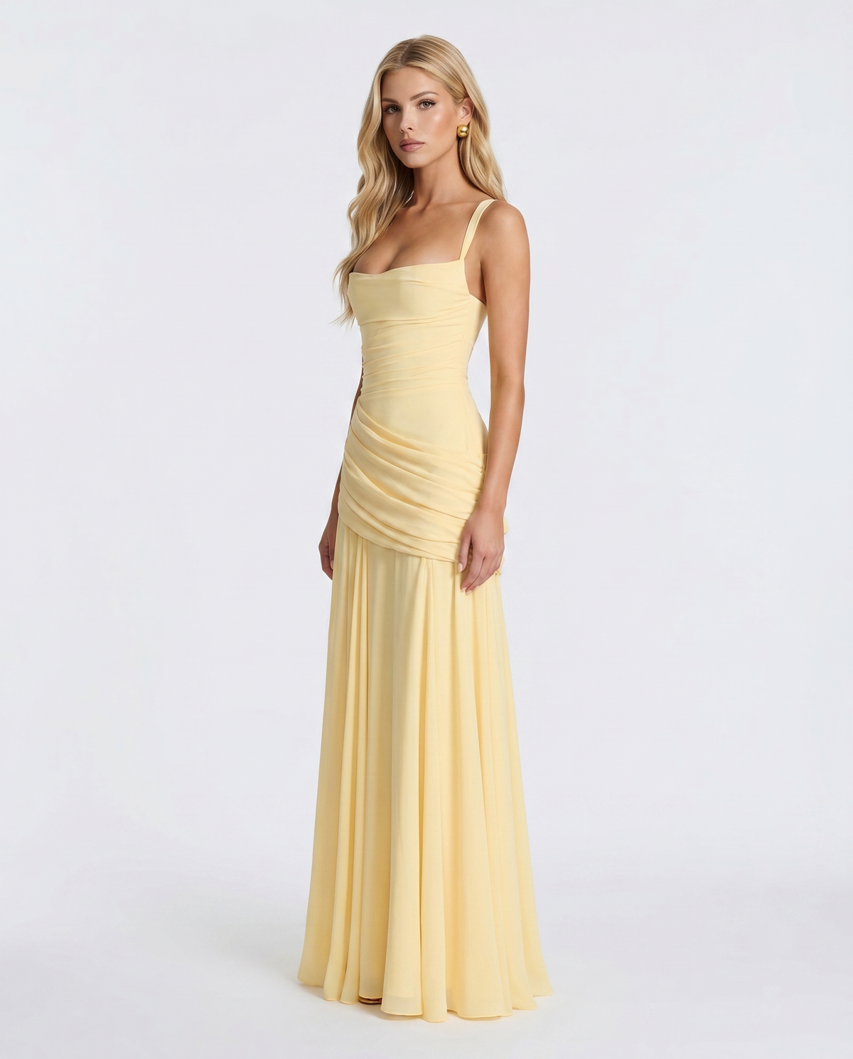 Isla Ruched Square Neck Maxi Dress - Butter Yellow
