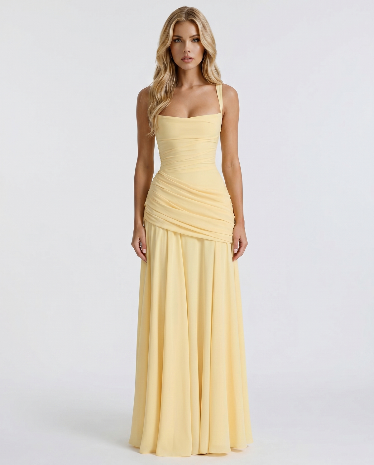 Isla Ruched Square Neck Maxi Dress - Butter Yellow