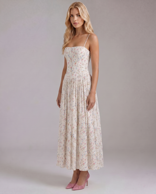 Abby Garden Drop Waist Floral Midi Dress - Cream Floral