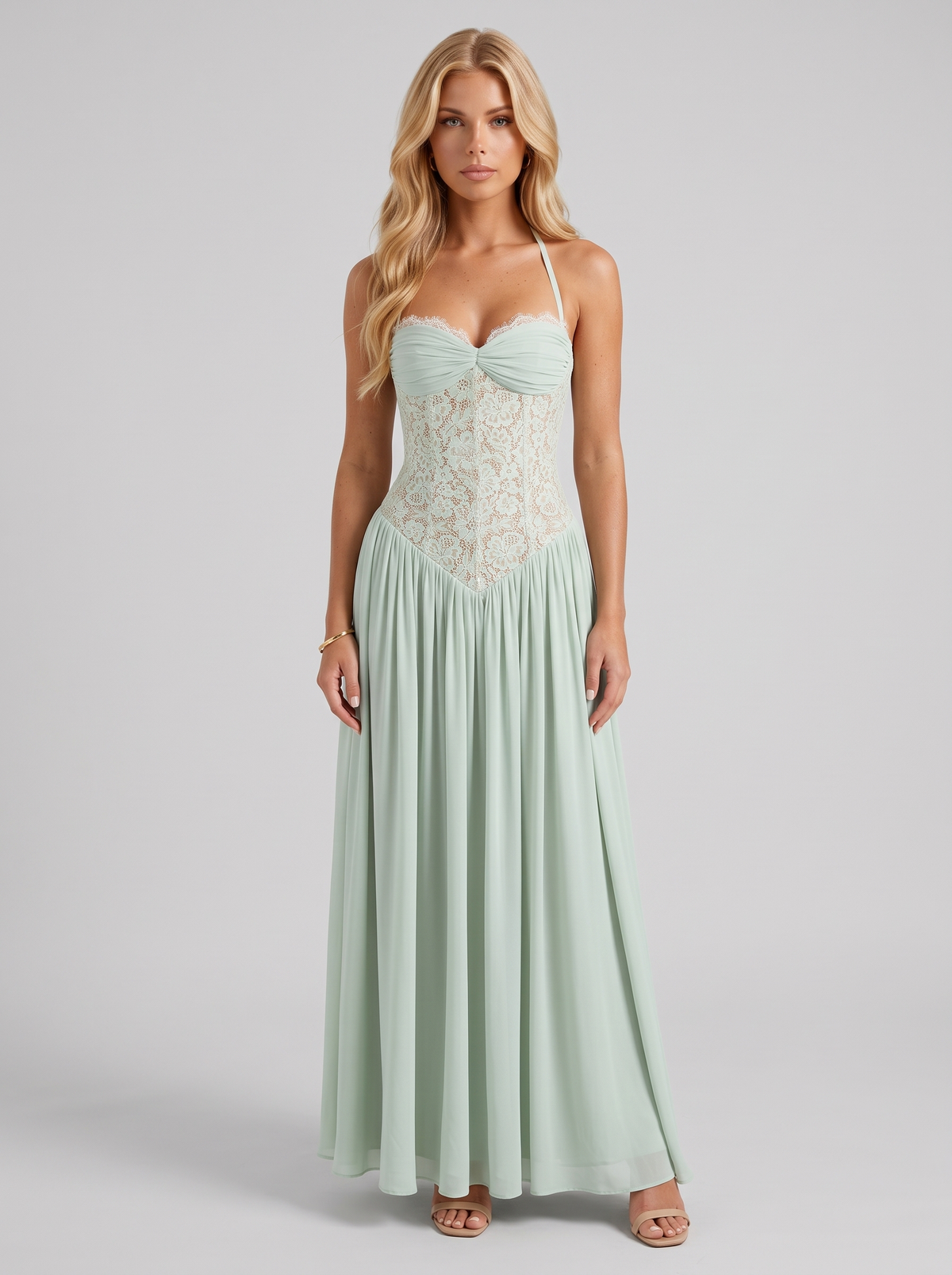 Holly Whimsy Lace Corset Maxi Dress - Mint