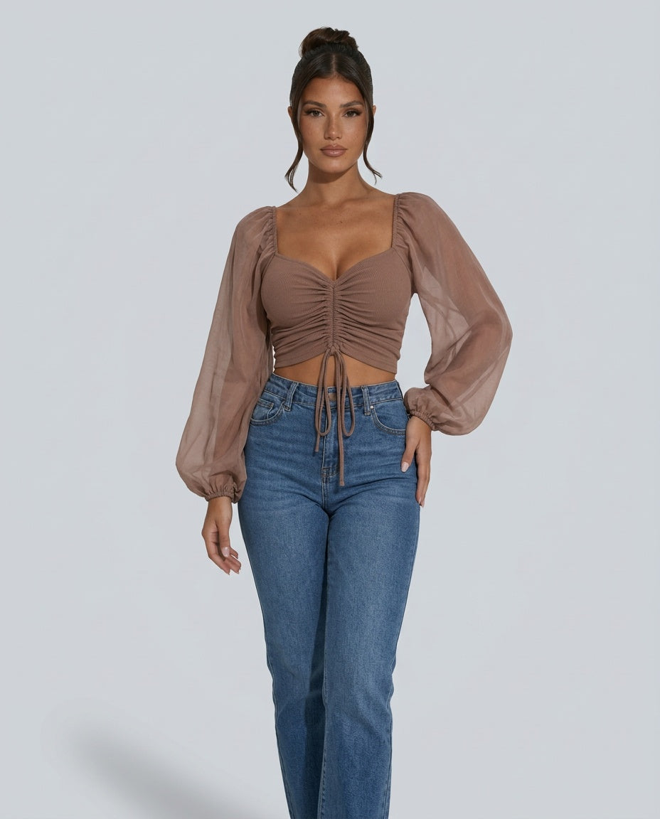 Lily Bloom Ruched Puff Sleeve Cropped Top - Coffee