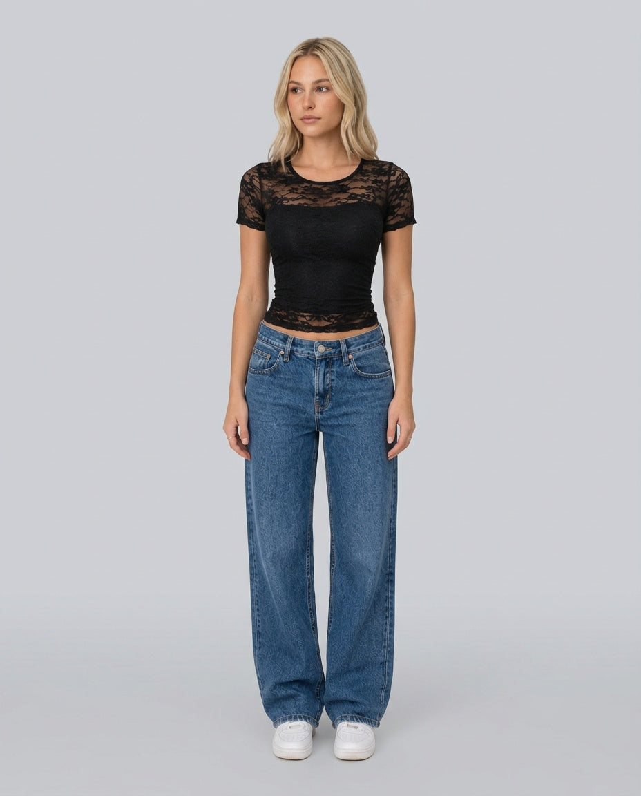 Millie Romance Cropped Scalloped Lace Top - Black